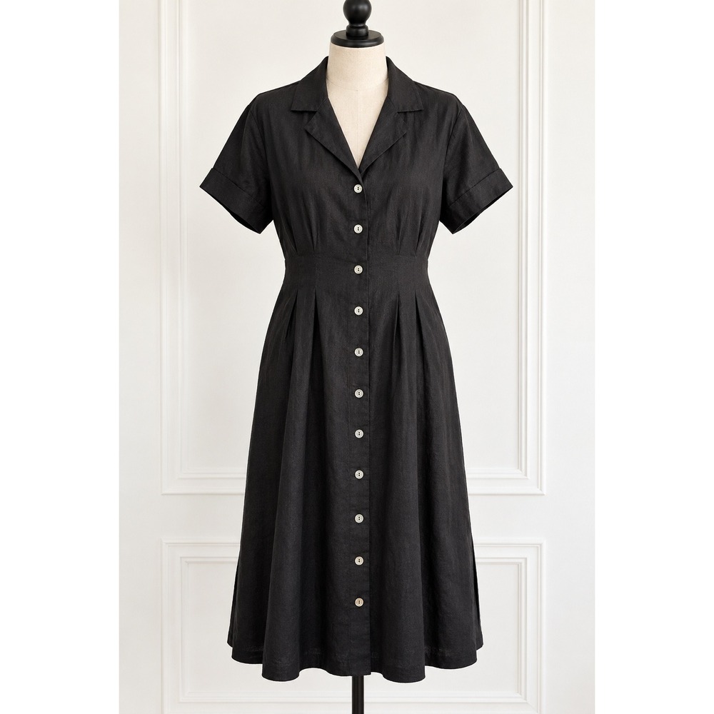 Halston Black Linen Blend Button Down Shirt Dress Short Sleeve Midi Pleated 12